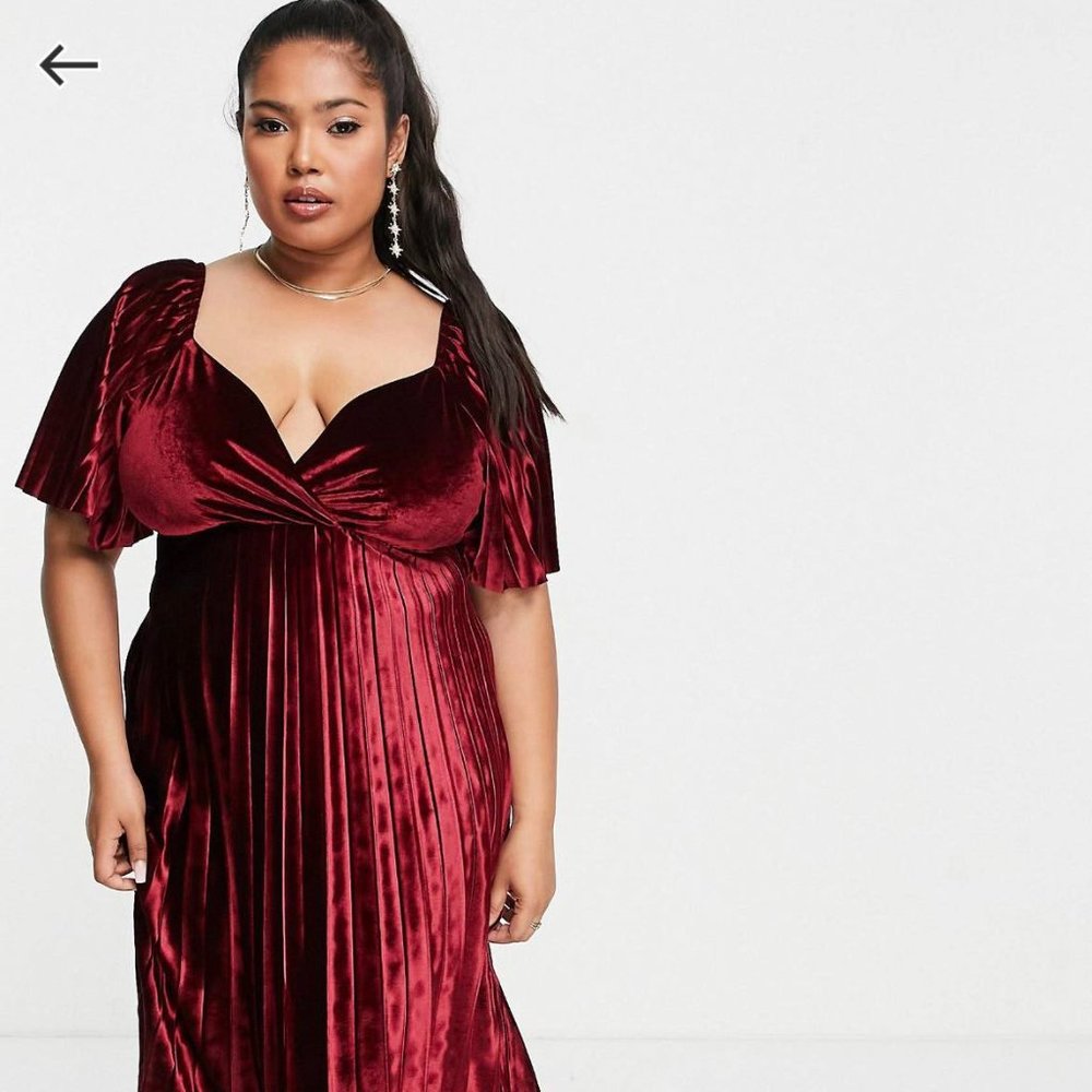 ASOS Curve red velvet pleated midi dress
